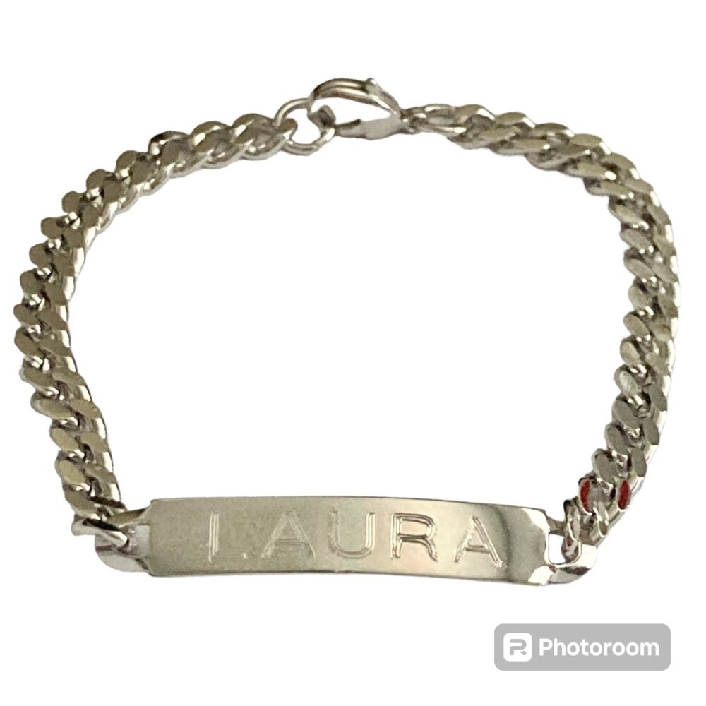 Vintage Name ID Bracelet LAURA Silver Tone Rhodium Plated 7.5" Girls Teen 90's